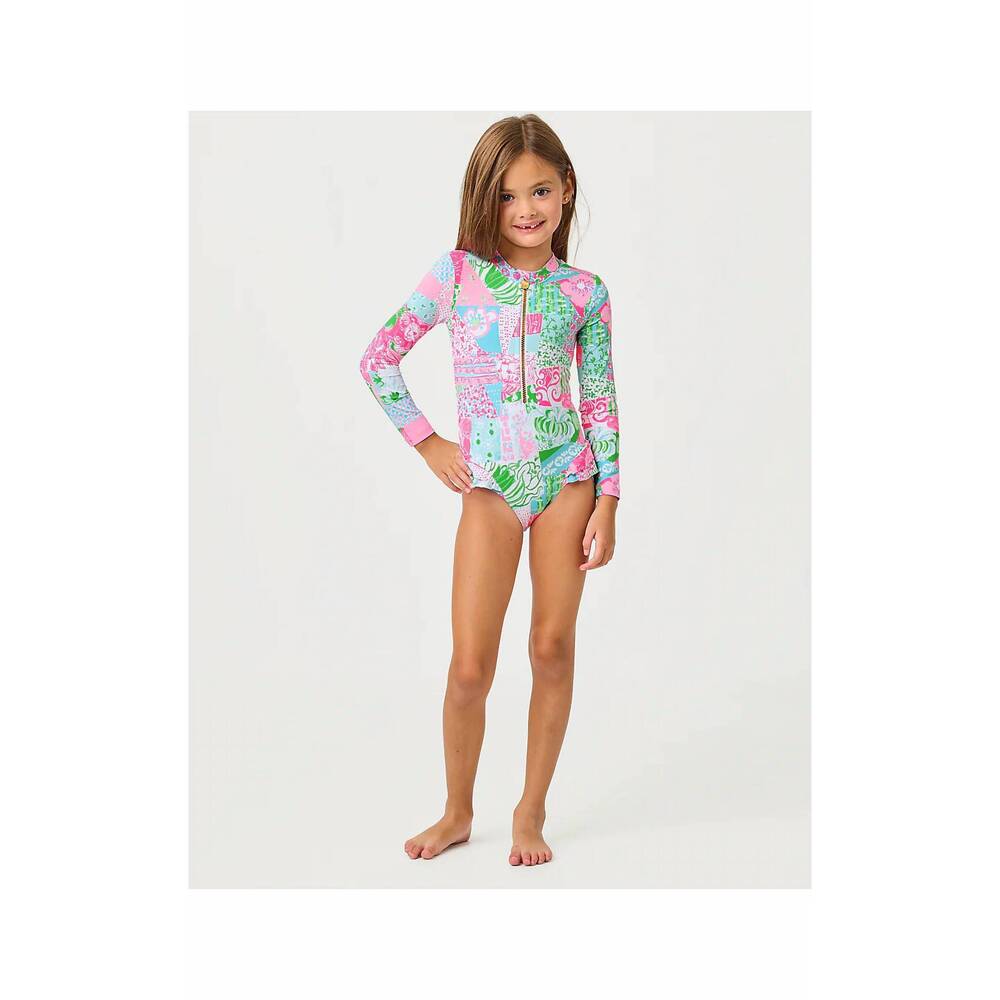 NEW LILLY PULITZER denning rashguard swimsuit in multi crazy quilt